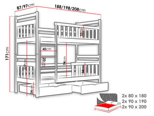 Двухъярусная кровать Monika 90x200см, белый цвет цена и информация | Детские кровати | 220.lv