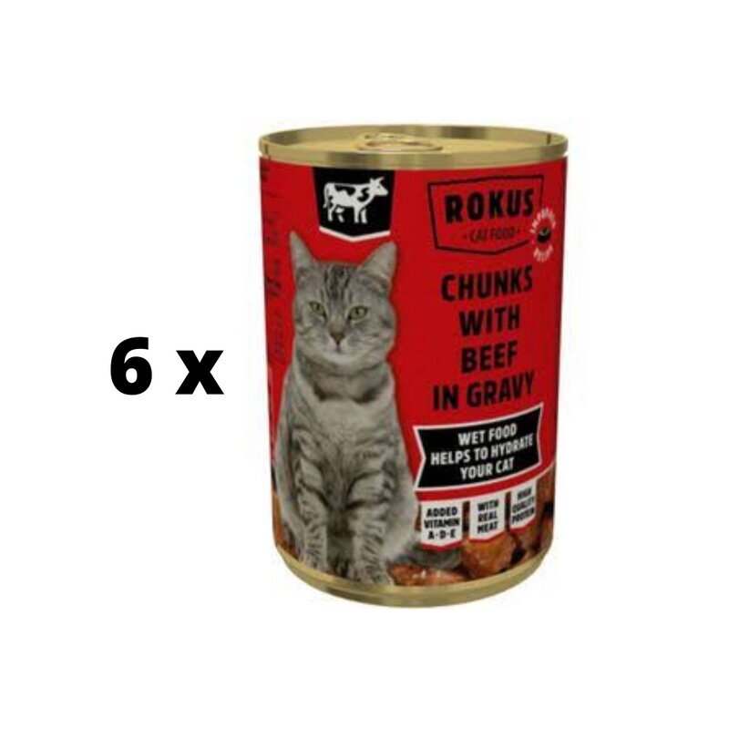 Kaķu konservi ROKUS, ar liellopu gaļu, 415 g x 6 gab. cena un informācija | Konservi kaķiem | 220.lv