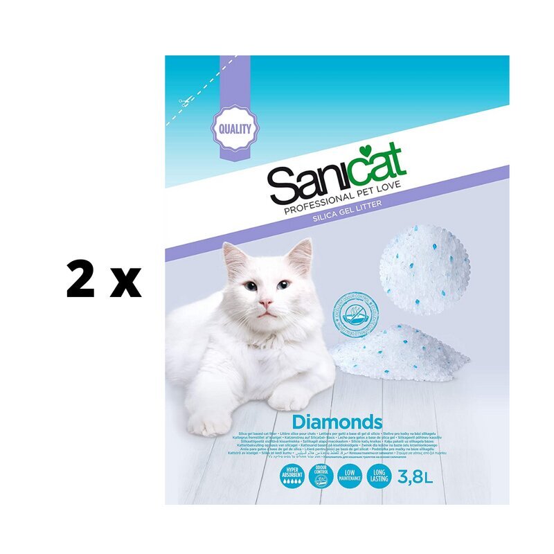 Kaķu pakaiši SANICAT Diamonds, izgatavoti no silikagela, 3,8 l x 2 gab. iepakojums цена и информация | Smiltis un pakaiši | 220.lv