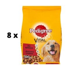 Sausā suņu barība PEDIGREE Pieaugušais, ar liellopu un putnu gaļu, 500 g x 8 gab. cena un informācija | Pedigree Zoo preces | 220.lv