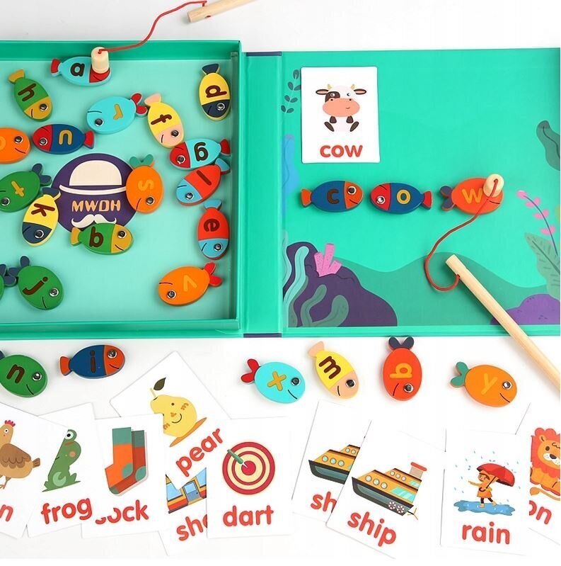 Montessori makšķerēšanas spēle, 20 kartiņas ar zīmējumiem, 2 makšķeres cena un informācija | Attīstošās rotaļlietas | 220.lv
