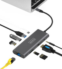 Adapteris 9 in 1 HUB USB-C Thunderbolt 3.0 (HDMI 4K 3x USB 3.0 Ethernet RJ-45 JACK SD PD) Apple Macbook Pro Air M1, Dell, HP, Asus Zenbook цена и информация | Адаптеры и USB разветвители | 220.lv