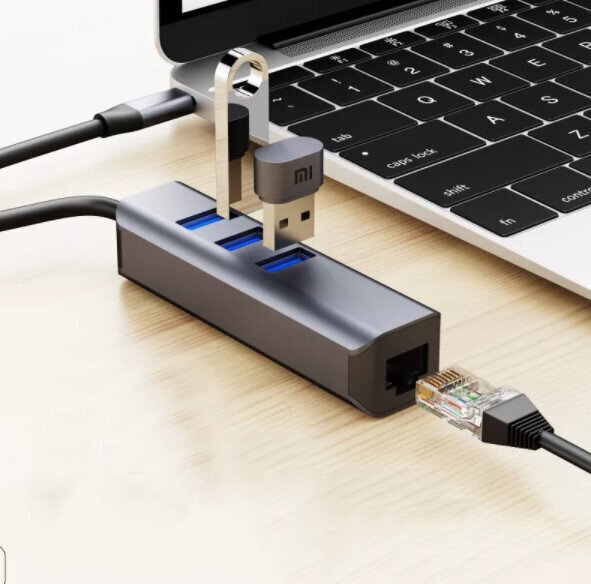 HUB USB-C Ethernet Gigabit RJ45 adapteris 3x USB 3.0 cena un informācija | Adapteri un USB centrmezgli | 220.lv