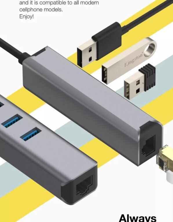 HUB USB-C Ethernet Gigabit RJ45 adapteris 3x USB 3.0 cena un informācija | Adapteri un USB centrmezgli | 220.lv