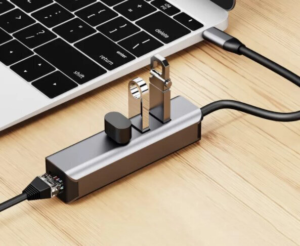 HUB USB-C Ethernet Gigabit RJ45 adapteris 3x USB 3.0 cena un informācija | Adapteri un USB centrmezgli | 220.lv