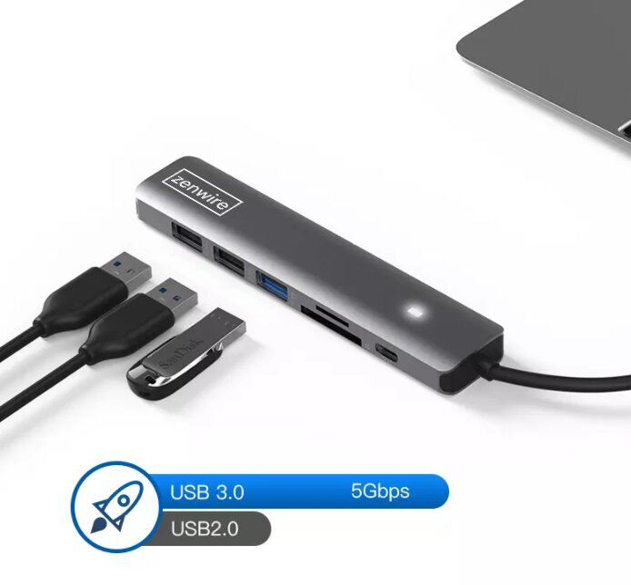 HUB Adapteris USB-C 7in1 HDMI 4K USB 3.0 SD PD M1 LED Zenwire цена и информация | Adapteri un USB centrmezgli | 220.lv