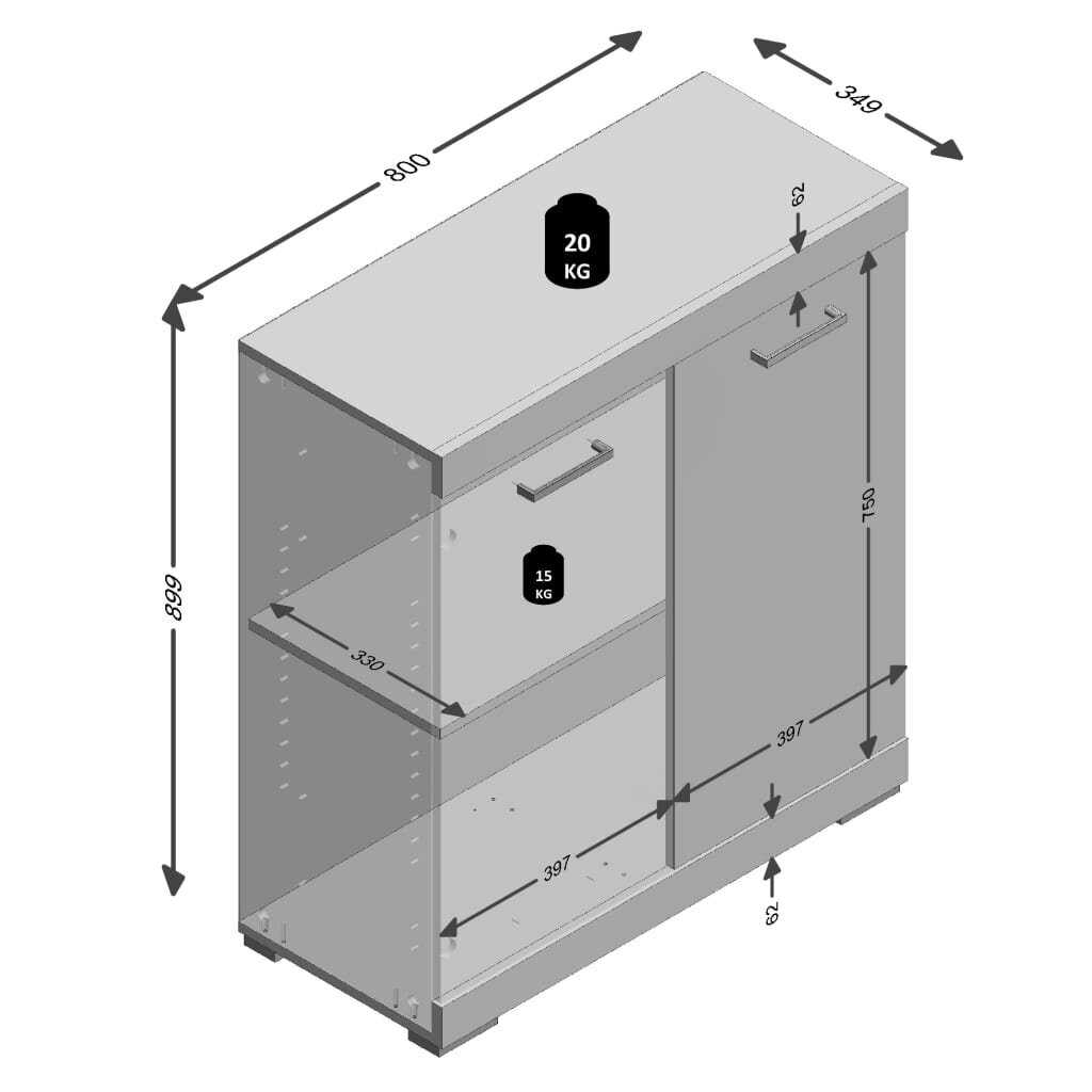 Fmd kumode ar 2 durvīm, baltām un betona krāsām, 80x34,9x89,9cm cena un informācija | Kumodes | 220.lv