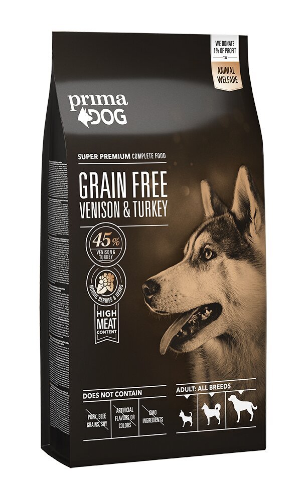 PrimaDog Adult Venison & Turkey bezgraudu sausā barība jūtīgiem suņiem ar brieža un tītara gaļu, 10 kg cena un informācija | Sausā barība suņiem | 220.lv