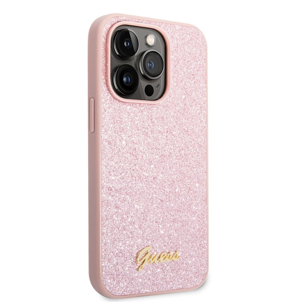 Guess PC/TPU Glitter Flakes Metal Logo Case for iPhone 14 Pro Pink cena un informācija | Telefonu vāciņi, maciņi | 220.lv