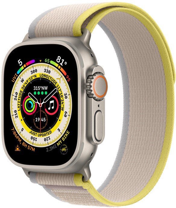 Apple Watch Ultra GPS + Cellular, 49mm Titanium Case ,Yellow/Beige Trail Loop - S/M MNHK3EL/A LV-EE cena un informācija | Viedpulksteņi (smartwatch) | 220.lv