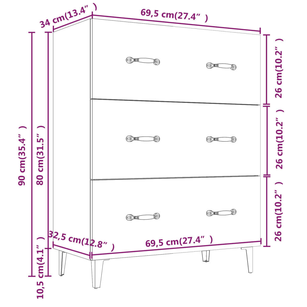 Kumode, balta, 69,5x34x90cm, apstrādāta koksne cena un informācija | Skapīši viesistabai | 220.lv