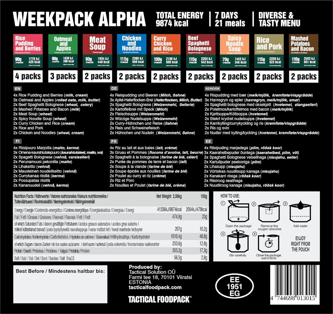 Nedēļas produktu komplekts ar gaļu WeekPack Alpha 2080g, Tactical Foodpack cena un informācija | Gatavā kulinārija | 220.lv