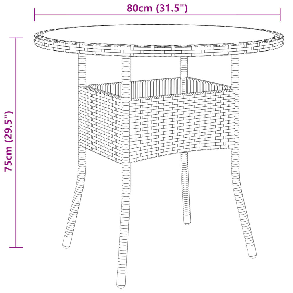 vidaXL dārza galds, Ø80x75 cm, melns, rūdīts stikls, PE rotangpalma cena un informācija | Dārza galdi | 220.lv