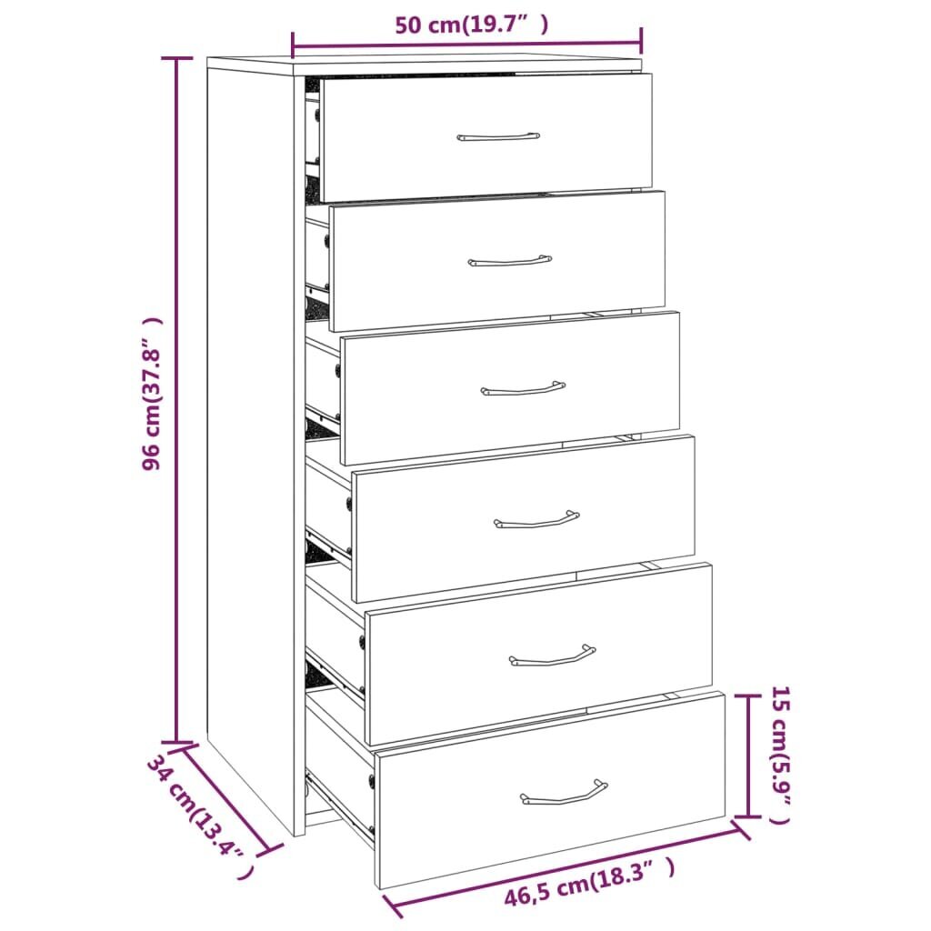 vidaXL kumode ar 6 atvilktnēm, tumša ozolkoka krāsa, 50x34x96 cm, koks cena un informācija | Skapīši viesistabai | 220.lv