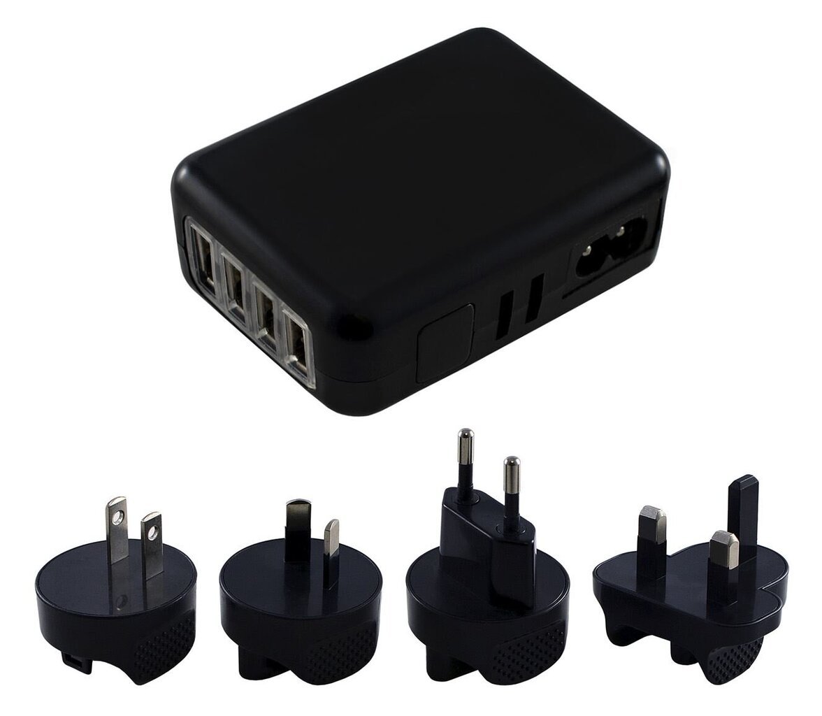 Xcessor Universāls 4 portu USB ceļojumu lādētājs. EU US UK AU. Melns цена и информация | Lādētāji un adapteri | 220.lv