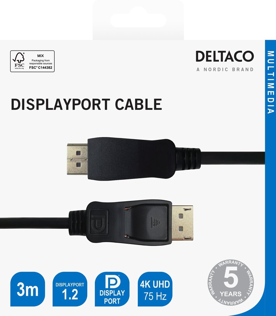 DEltaco, DisplayPort, 4K UHD, 21.6 Gb/s, 3 m цена и информация | Kabeļi un vadi | 220.lv