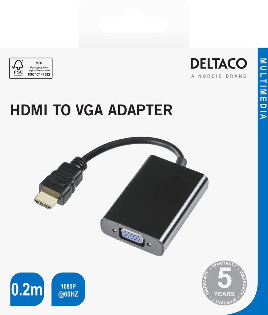 DEltaco adapteris HDMI - VGA, 1920x1080 60Hz, 0.2 m cena un informācija | Adapteri un USB centrmezgli | 220.lv