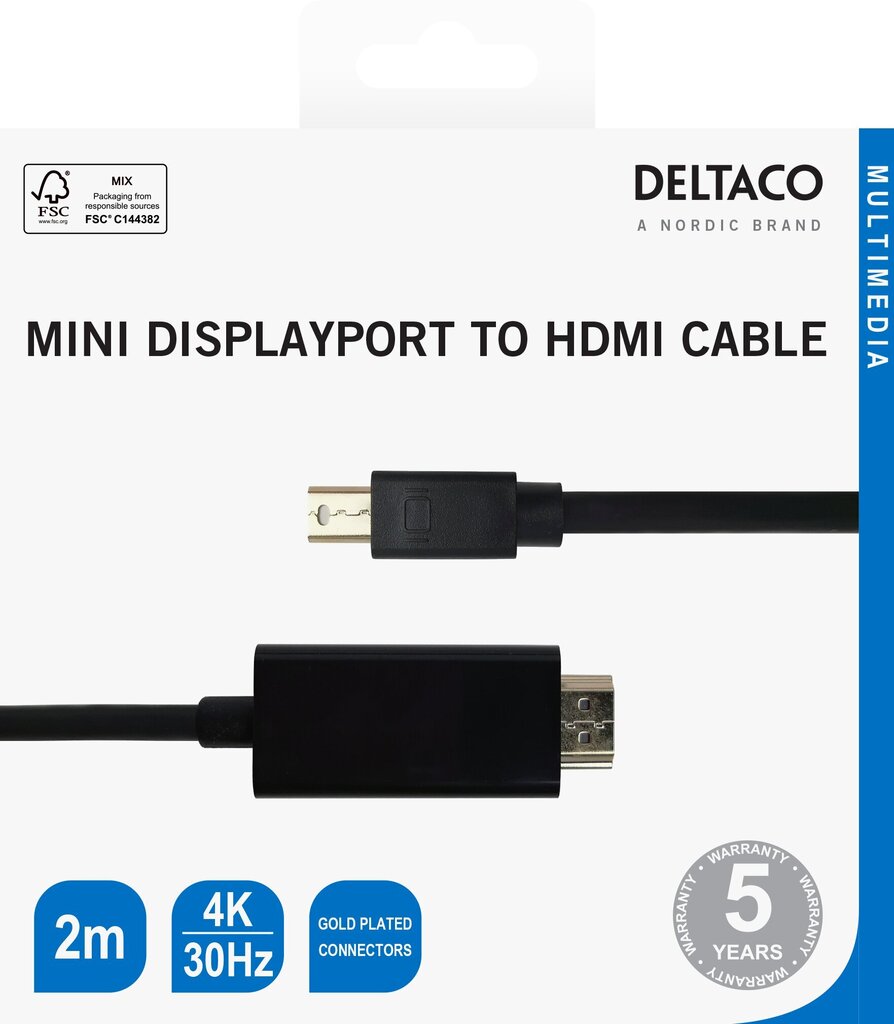 Deltaco, Mini DP/HDMI, 2 m cena un informācija | Kabeļi un vadi | 220.lv