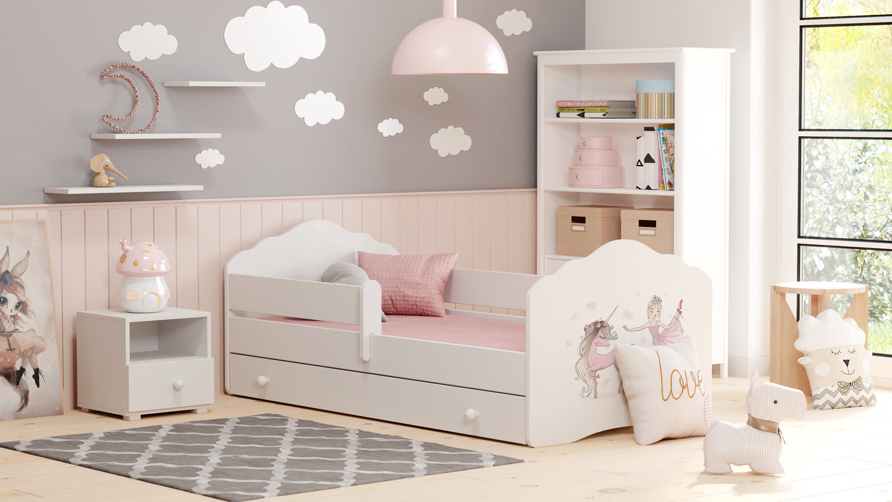 Bērnu gulta Fala ar atvilktni, matraci un aizsargbarjeru 144 cm x 78 cm x 65 cm, princese ar vienradzi cena un informācija | Bērnu gultas | 220.lv