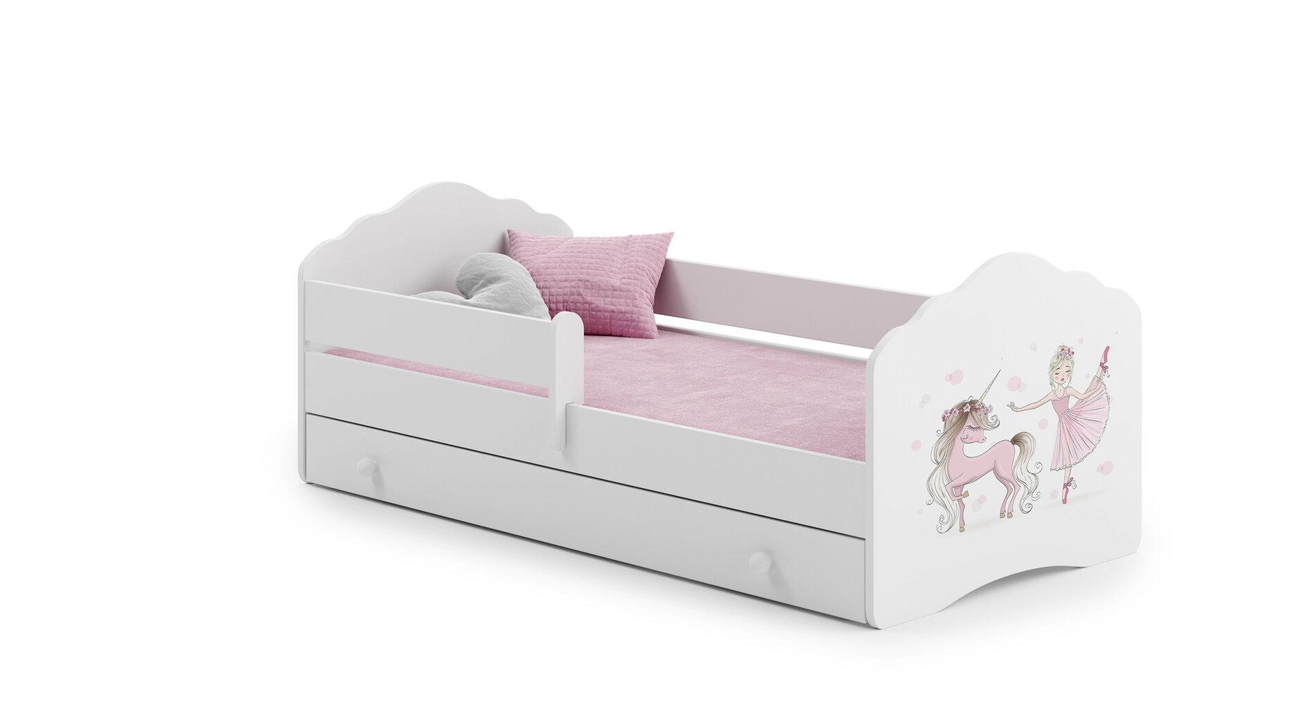 Bērnu gulta Fala ar atvilktni, matraci un aizsargbarjeru 144 cm x 78 cm x 65 cm, princese ar vienradzi cena un informācija | Bērnu gultas | 220.lv