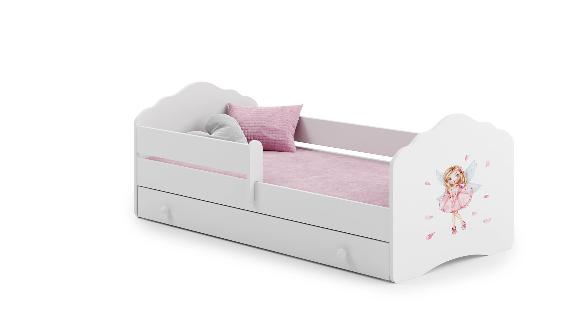 Bērnu gulta Fala ar atvilktni, matraci un aizsargbarjeru 144 cm x 78 cm x 65 cm, princese ar spārniem cena un informācija | Bērnu gultas | 220.lv