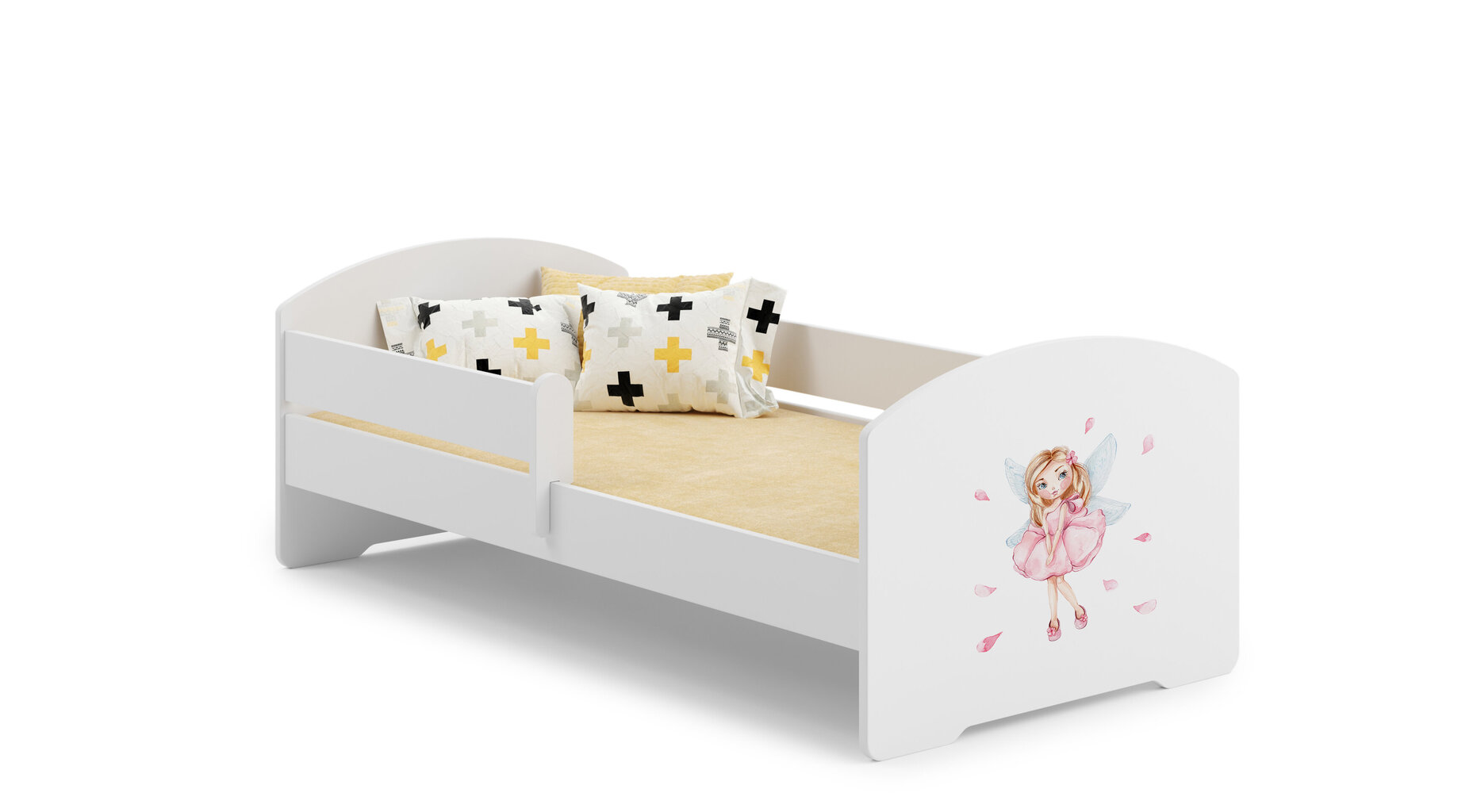 Bērnu gulta Luk ar matraci un aizsargbarjeru 144 cm x 77 cm x 56 cm, princese ar spārniem cena un informācija | Bērnu gultas | 220.lv