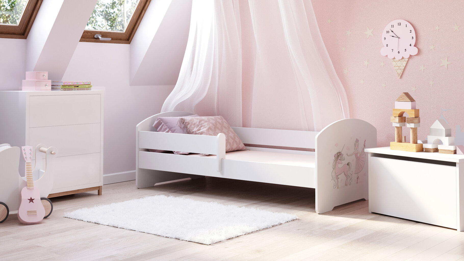 Bērnu gulta Luk ar matraci un aizsargbarjeru 164 cm x 85 cm x 63 cm, princese ar vienradzi cena un informācija | Bērnu gultas | 220.lv