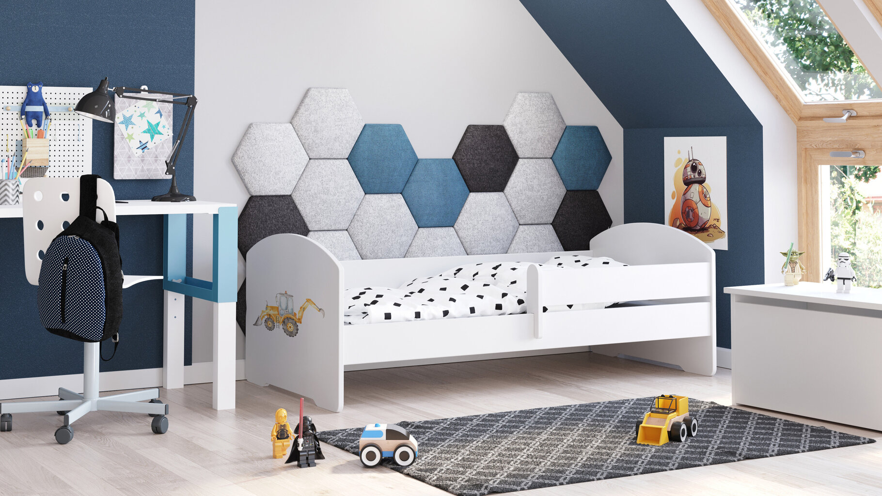 Bērnu gulta Luk ar matraci un aizsargbarjeru 164 cm x 85 cm x 63 cm, ekskavators cena un informācija | Bērnu gultas | 220.lv