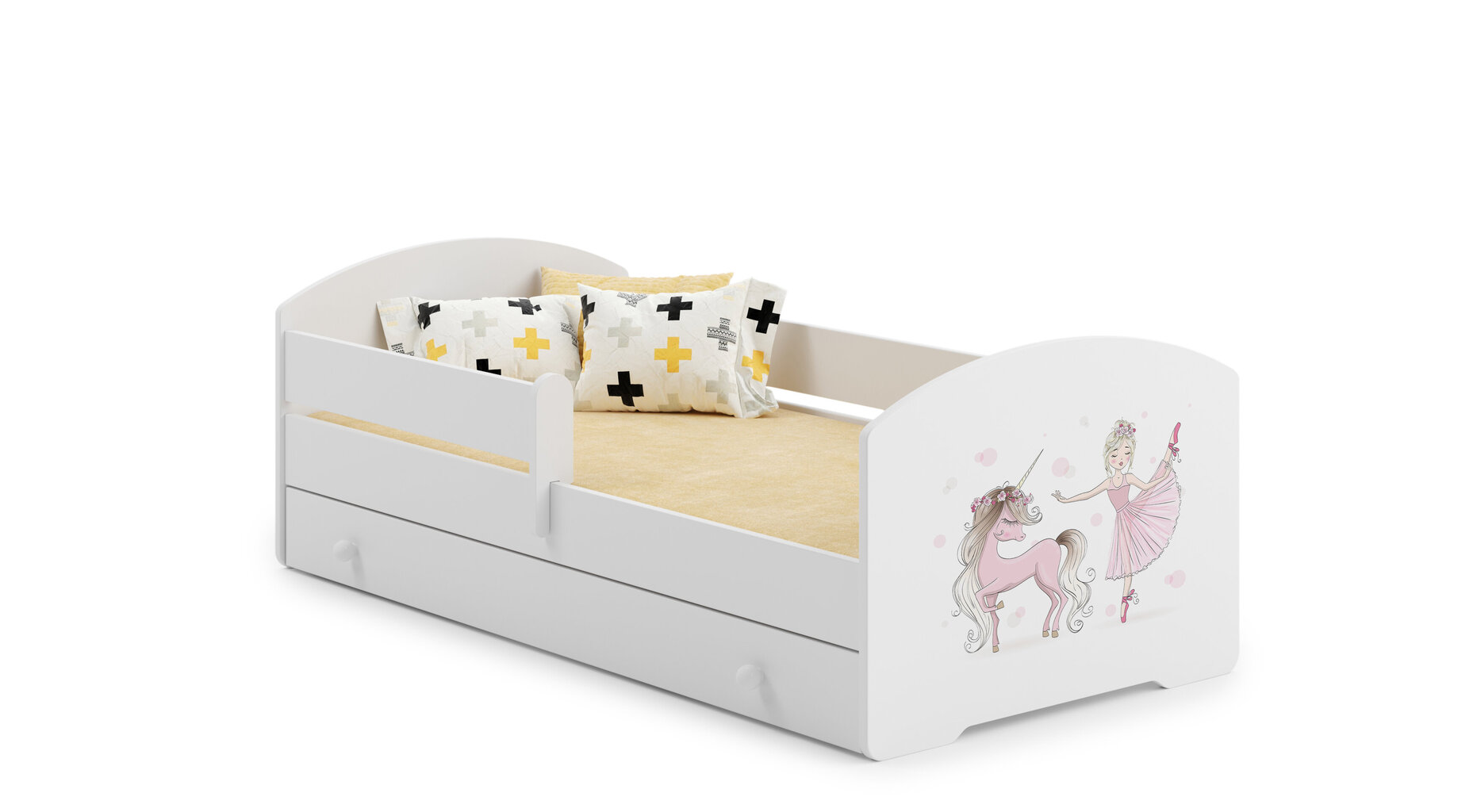 Bērnu gulta Luk ar atvilktni, matraci un aizsargbarjeru 164 cm x 85 cm x 63 cm, princese ar vienradzi cena un informācija | Bērnu gultas | 220.lv