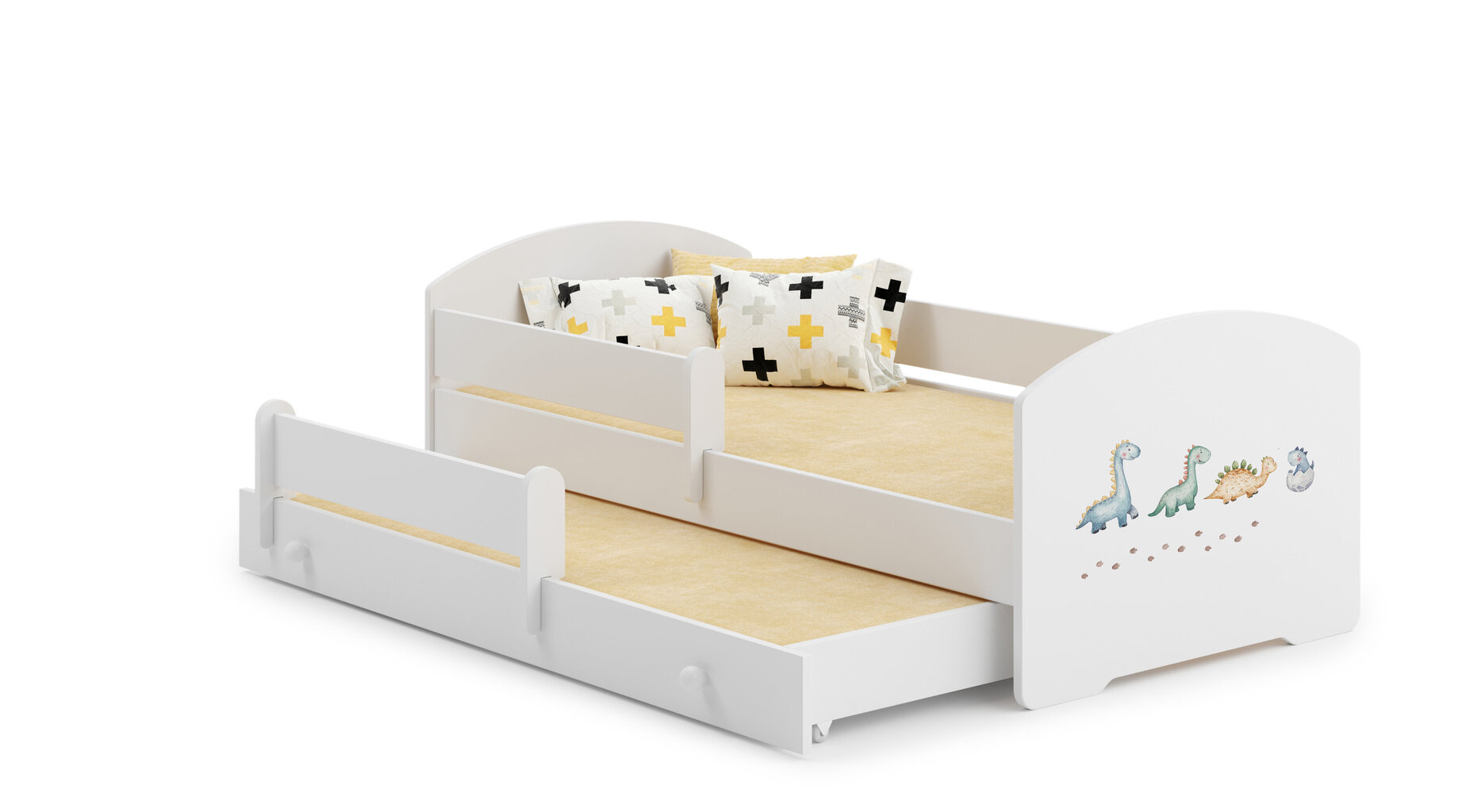 Bērnu divguļamā gulta Luk ar matraci un aizsargbarjeru 164x85x63 /  145x80x15cm, dinozauri cena | 220.lv