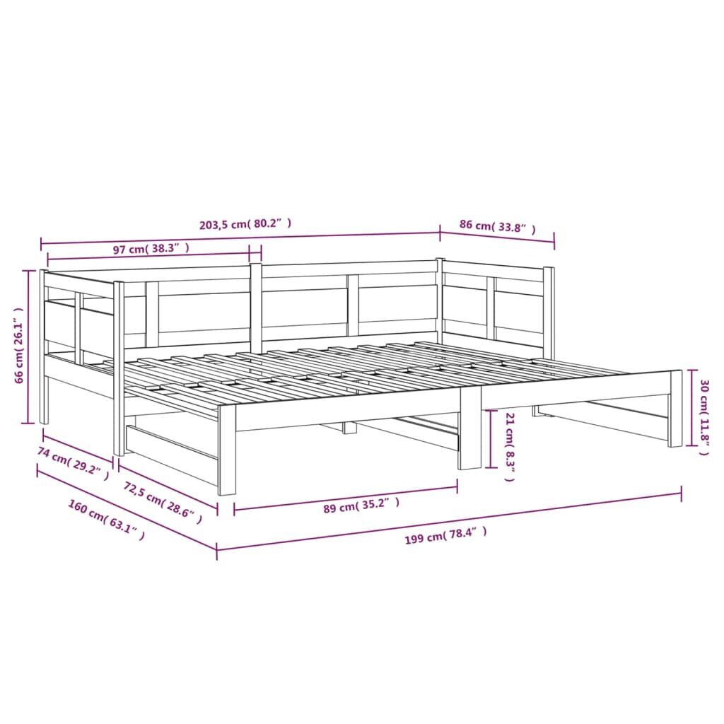 Izvelkama gulta, pelēka, 2x(80x200)cm, priedes masīvkoks cena un informācija | Gultas | 220.lv