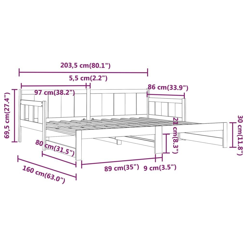 Izvelkama gulta, melna, 2x(80x200)cm, priedes masīvkoks cena un informācija | Gultas | 220.lv