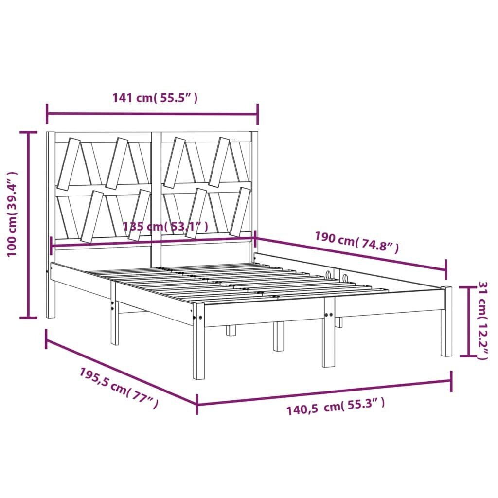 vidaXL gultas rāmis, priedes masīvkoks, 135x190 cm, 4FT6, divvietīgs cena un informācija | Gultas | 220.lv