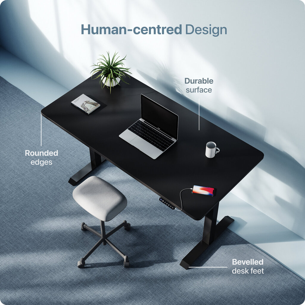 Elektroniski regulējama augstuma galds Desktronic ar USB A un C savienojumiem, Melnas kājas, Melna galda virsma 120 x 60 cm cena un informācija | Datorgaldi, rakstāmgaldi, biroja galdi | 220.lv