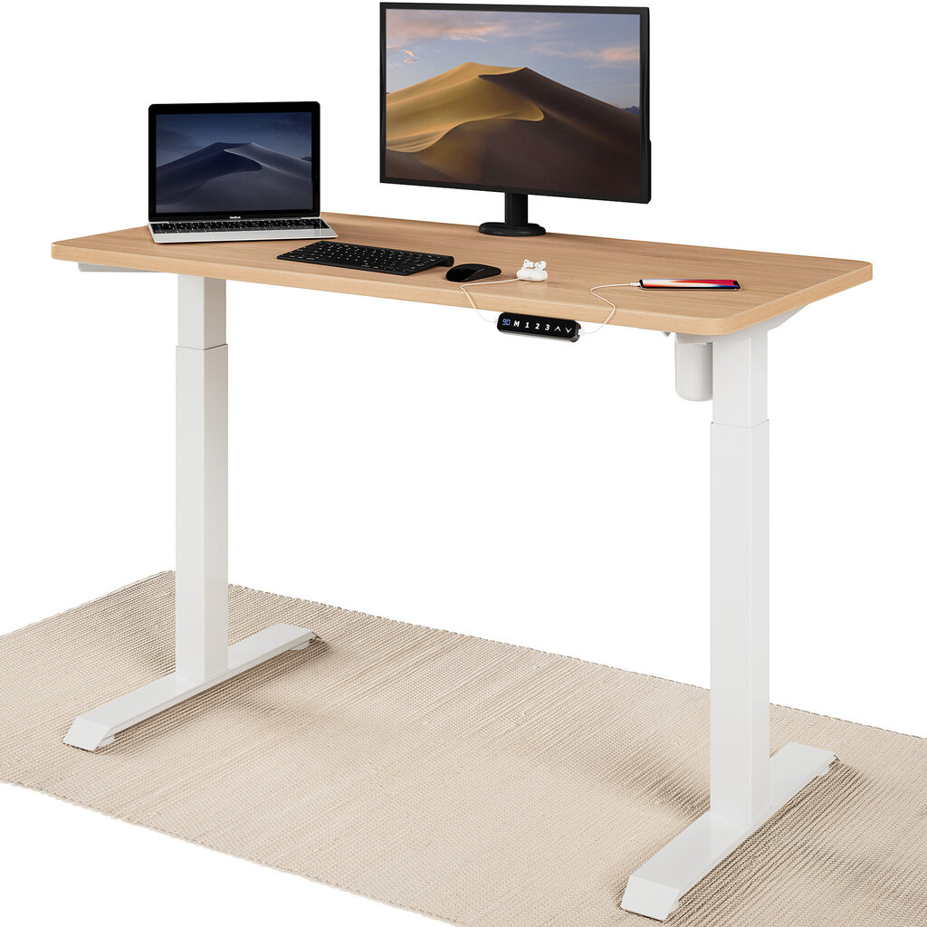 Elektroniski regulējama galds Desktronic ar USB A un C savienojumiem, baltas kājas, ozolkoka galda virsma, 120 x 60 cm cena un informācija | Datorgaldi, rakstāmgaldi, biroja galdi | 220.lv
