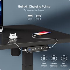 Elektroniski regulējama augstuma galds Desktronic ar USB A un C savienojumiem, Melnas kājas, Melna galda virsma 140 x 70 cm цена и информация | Компьютерные, письменные столы | 220.lv