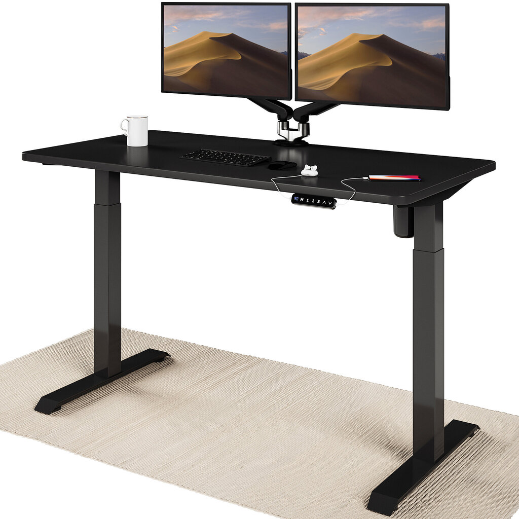 Elektroniski regulējama augstuma galds Desktronic ar USB A un C savienojumiem, Melnas kājas, Melna galda virsma 140 x 70 cm cena un informācija | Datorgaldi, rakstāmgaldi, biroja galdi | 220.lv