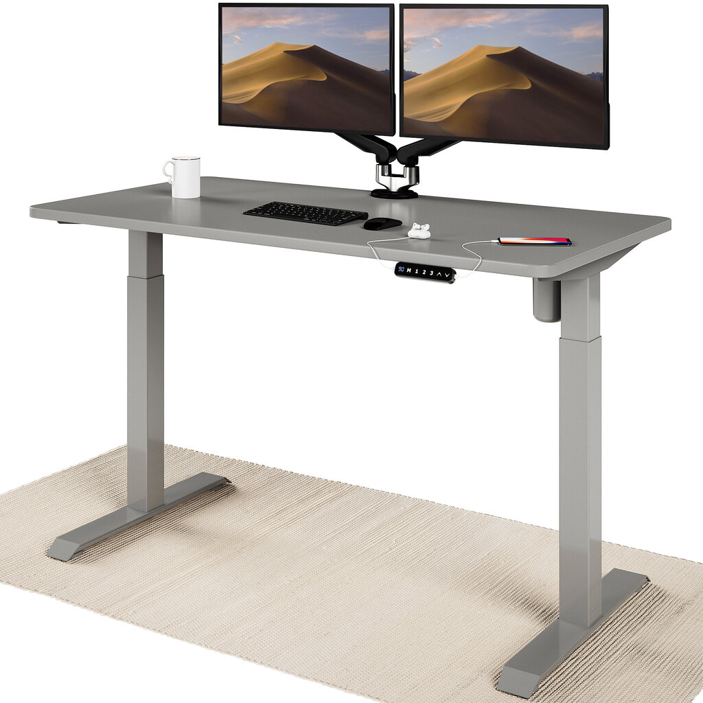 Elektroniski regulējama augstuma galds Desktronic ar USB A un C savienojumiem, Pelēkas kājas, Pelēka galda virsma 140 x 70 cm cena un informācija | Datorgaldi, rakstāmgaldi, biroja galdi | 220.lv