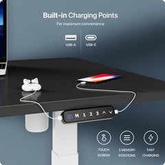 Elektroniski regulējama augstuma galds Desktronic ar USB A un C savienojumiem, Baltas kājas, Melna galda virsma 140 x 70 cm цена и информация | Компьютерные, письменные столы | 220.lv