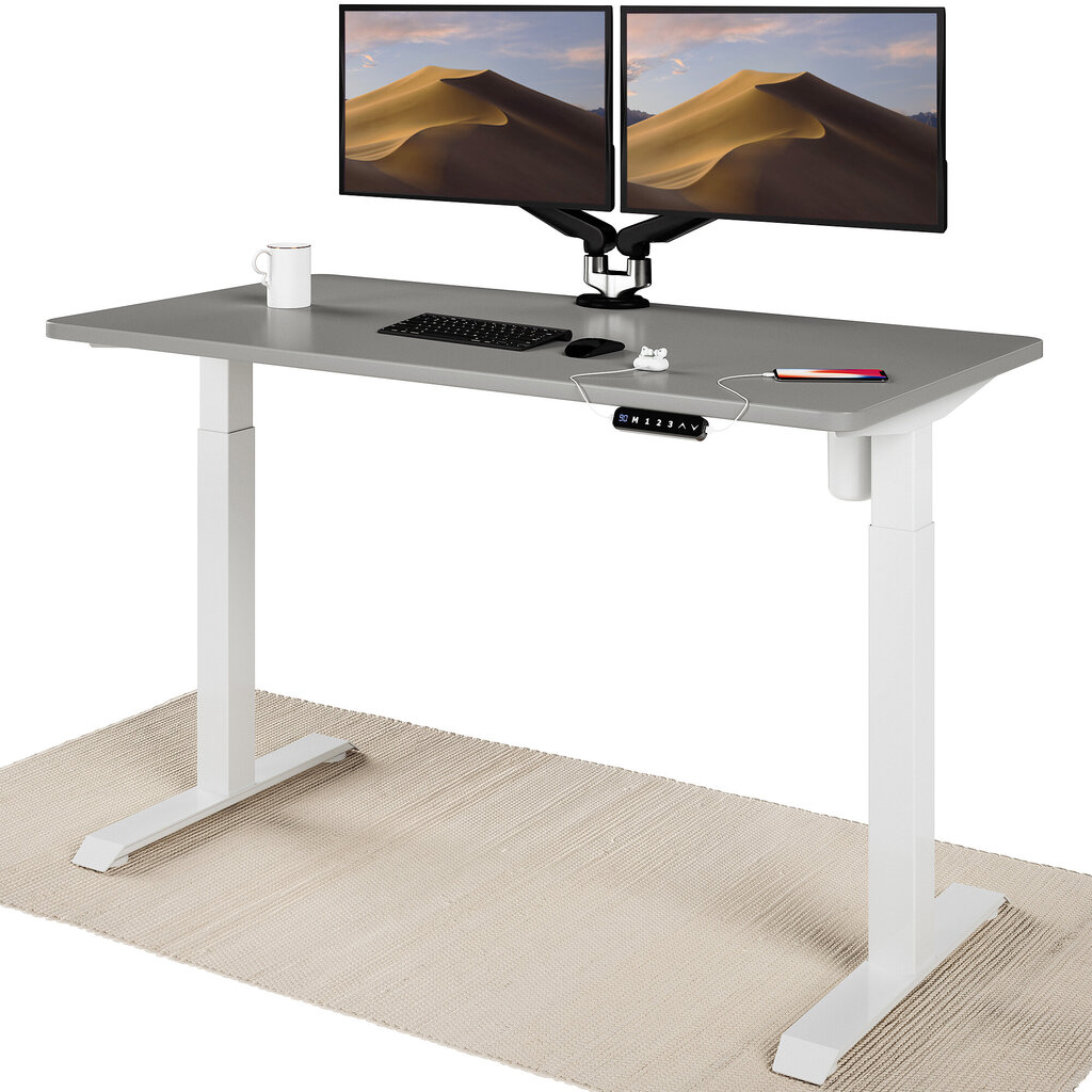 Elektroniski regulējama augstuma galds Desktronic ar USB A un C savienojumiem, Baltas kājas, Pelēka galda virsma 140 x 70 cm cena un informācija | Datorgaldi, rakstāmgaldi, biroja galdi | 220.lv