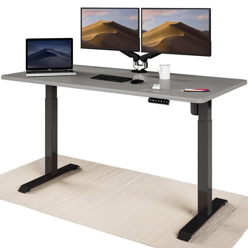 Elektroniski regulējama augstuma galds Desktronic ar USB A un C savienojumiem, Melnas kājas, Pelēka galda virsma 160 x 80 cm cena un informācija | Datorgaldi, rakstāmgaldi, biroja galdi | 220.lv