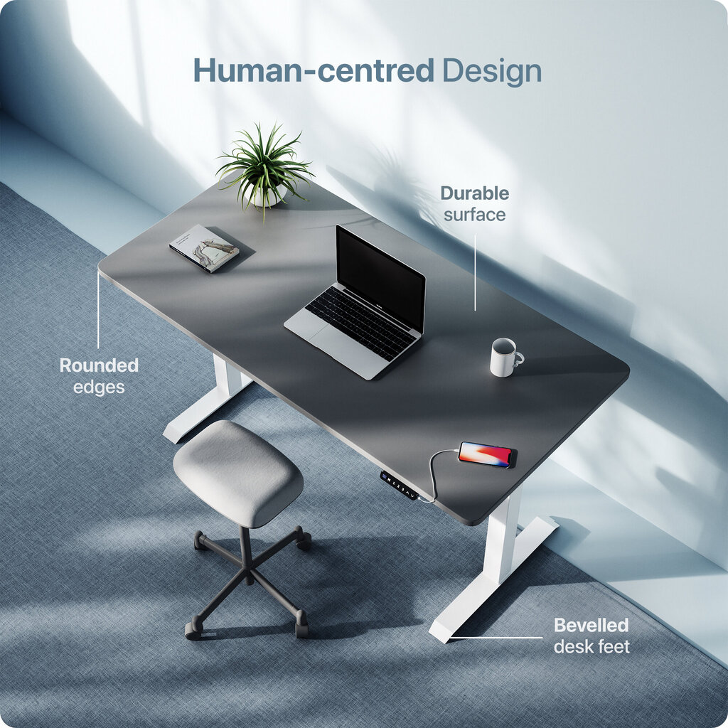 Elektroniski regulējama augstuma galds Desktronic ar USB A un C savienojumiem, Baltas kājas, Pelēka galda virsma 160 x 80 cm cena un informācija | Datorgaldi, rakstāmgaldi, biroja galdi | 220.lv