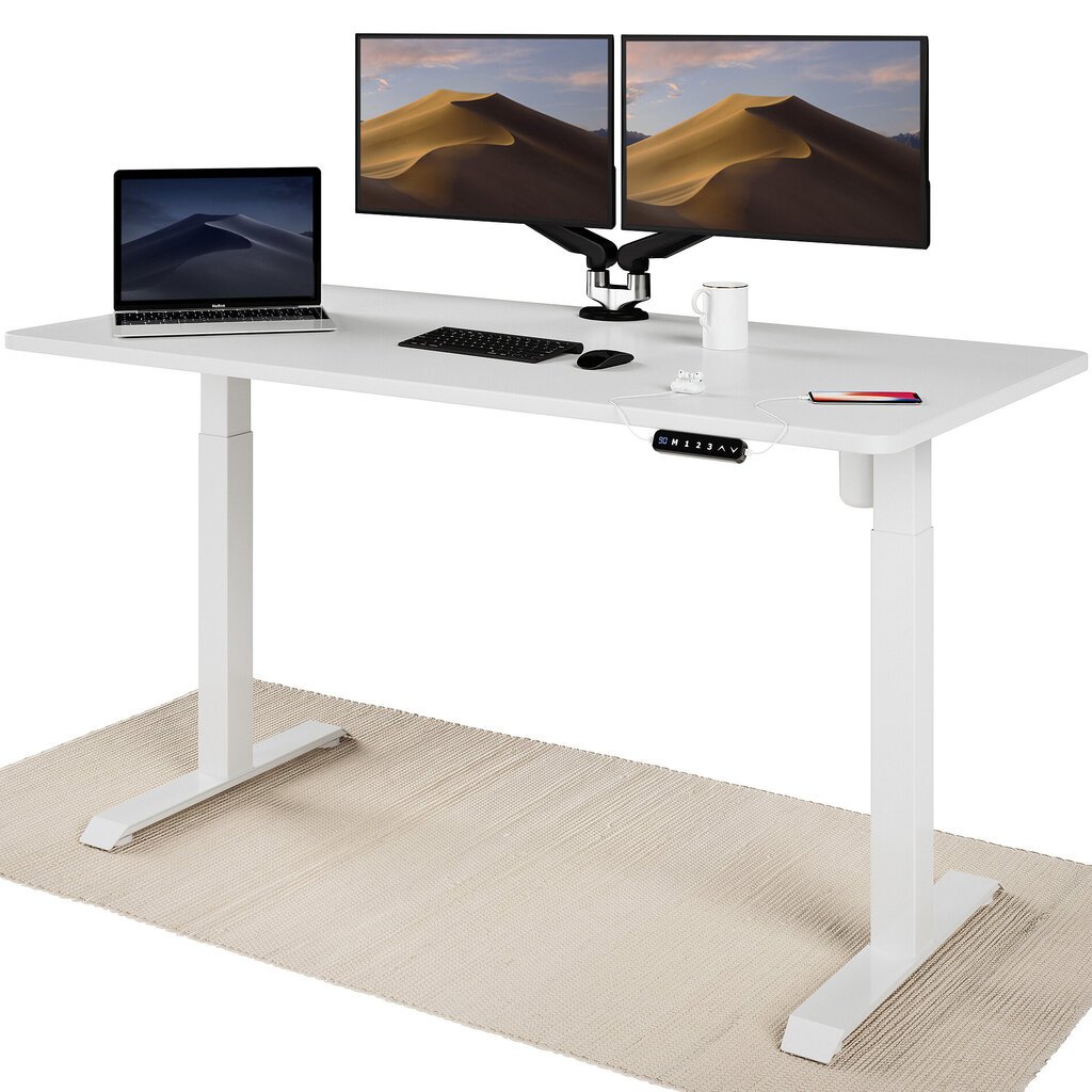 Elektroniski regulējama augstuma galds Desktronic ar USB A un C savienojumiem, Baltas kājas, Balta galda virsma 160 x 80 cm cena un informācija | Datorgaldi, rakstāmgaldi, biroja galdi | 220.lv