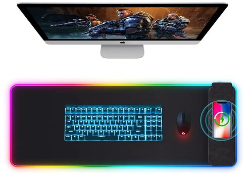 RGB spēļu peles paliktnis ar bezvadu lādētāju, mīksts tastatūras paliktnis, 30x80 cm, 10 W cena un informācija | Peles | 220.lv