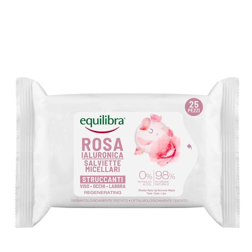 Salvetes ​ar rozēm, kosmētikas tīrīšanai ar hialuronskābi Equilibra Rosa Regenerating Micellar Make-Up Remover Wipes, 25 gab. cena un informācija | Sejas ādas kopšana | 220.lv