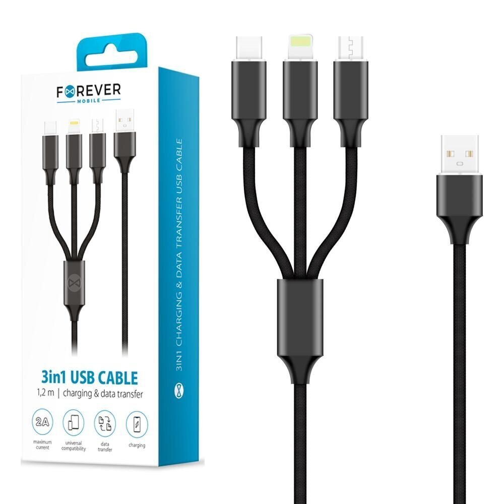 Forever 3in1 Lightning + USB-C + microUSB 1,2 m 2A cena un informācija | Savienotājkabeļi | 220.lv