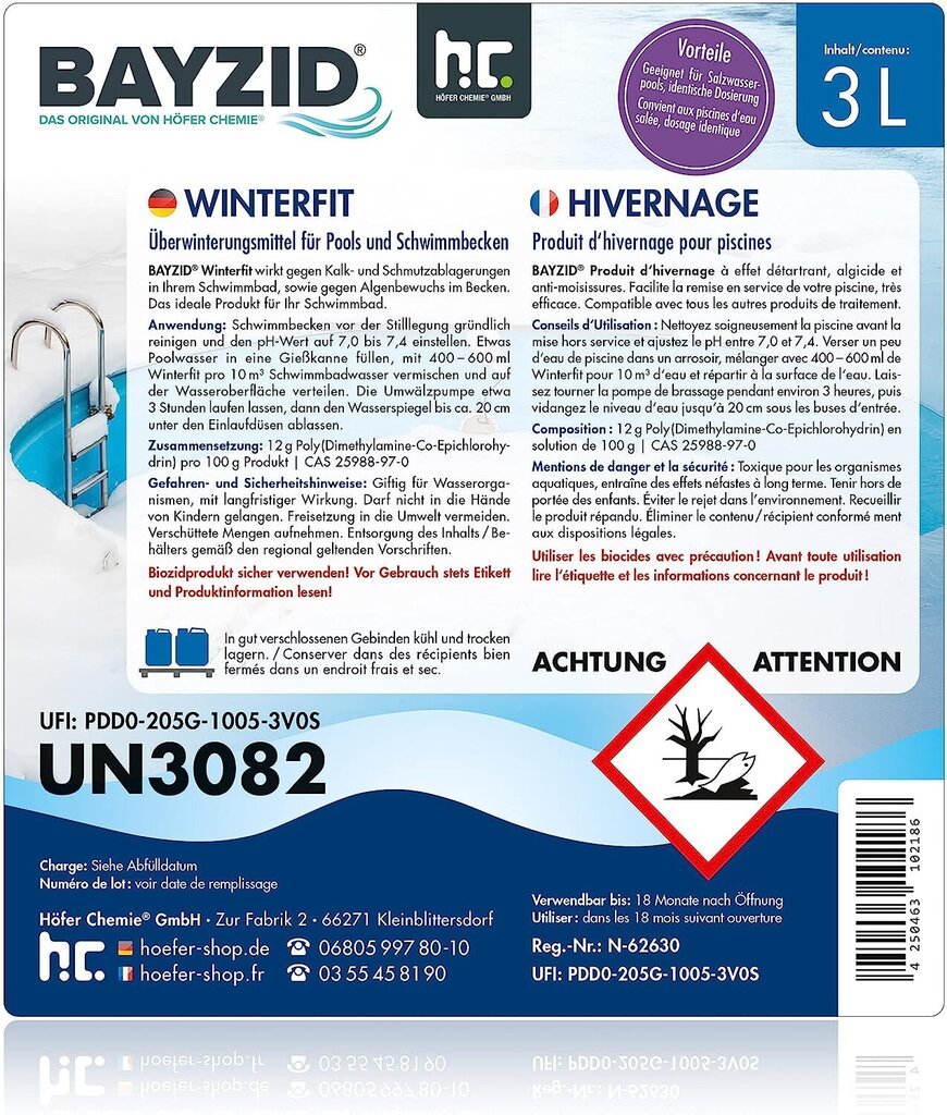 1 x 3 l baseins ziemas reaģents - Bayzid WinterFit Hibernācijas koncentrāts peldbaseinam un Höfer ķīmijas baseins цена и информация | Baseina kopšanas līdzekļi | 220.lv
