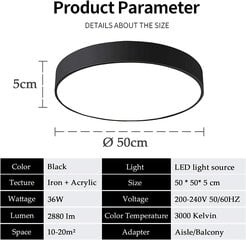 NATS 36W griestu lampa LED, 3000k Ø500x50mm, 50 x 50 x 5 cm (melna) cena un informācija | Griestu lampas | 220.lv