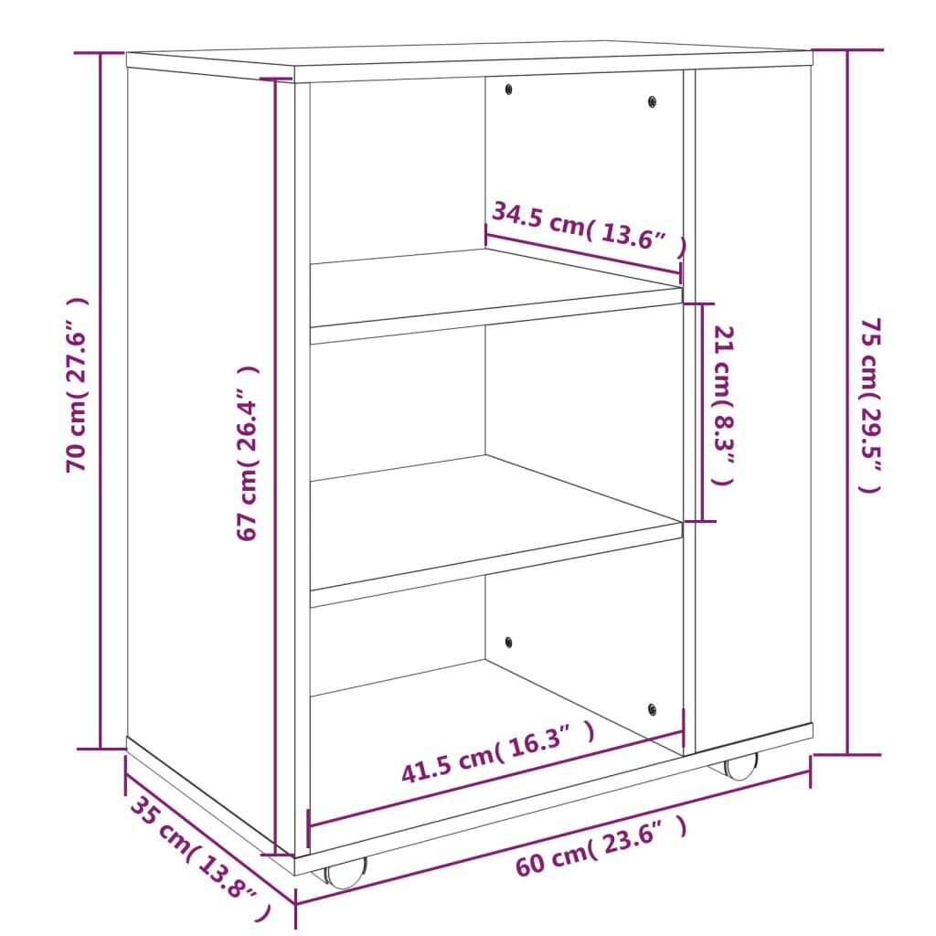 vidaXL plaukts uz riteņiem, ozolkoka, 60x35x75 cm, inženierijas koks cena un informācija | Skapīši viesistabai | 220.lv