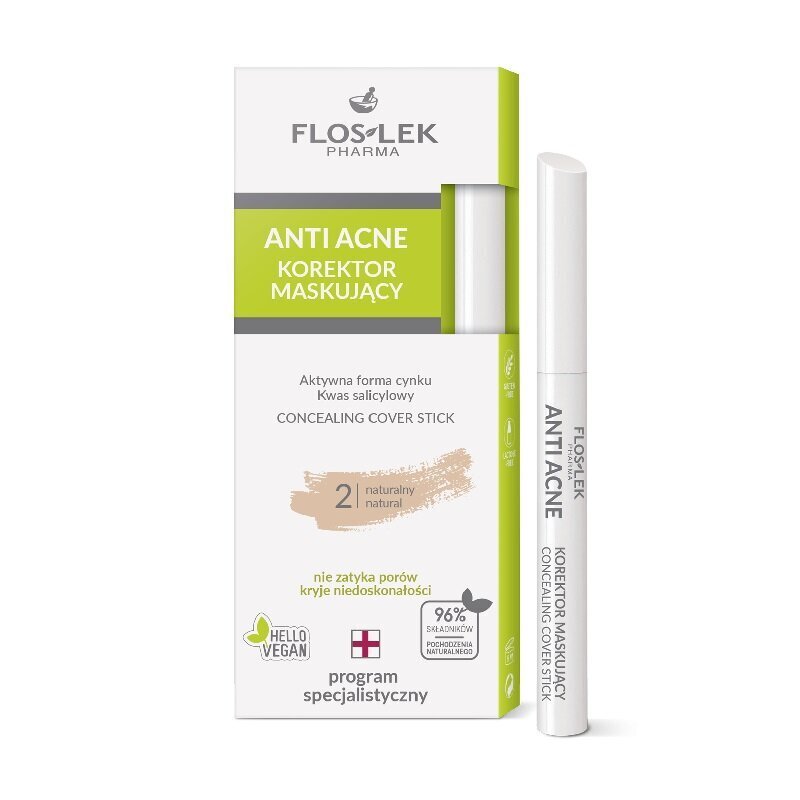 Maskējošs līdzeklis Floslek Anti Acne Concealing cover stick natural 2 cena un informācija | Grima bāzes, tonālie krēmi, pūderi | 220.lv